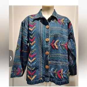 Vintage Chunky Embroidered Cotton Button-Up Light Denim Long Sleeve Jacket M / L
